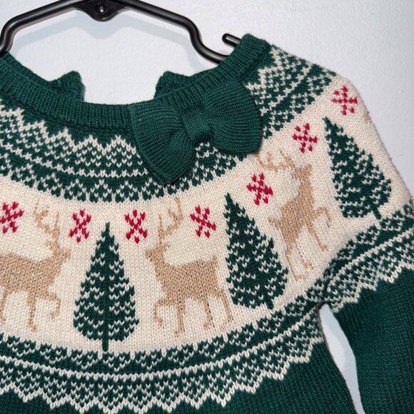 Tahari Baby Girls Green Knit Sweater Dress W/Reindeer & Tree Fair Isle Pattern - Picture 2 of 6